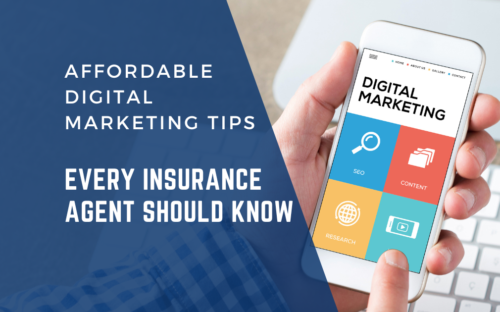 Affordable Digital Marketing Tips | Insurance Agent Marketing Insurance agent working on a laptop with digital marketing icons
